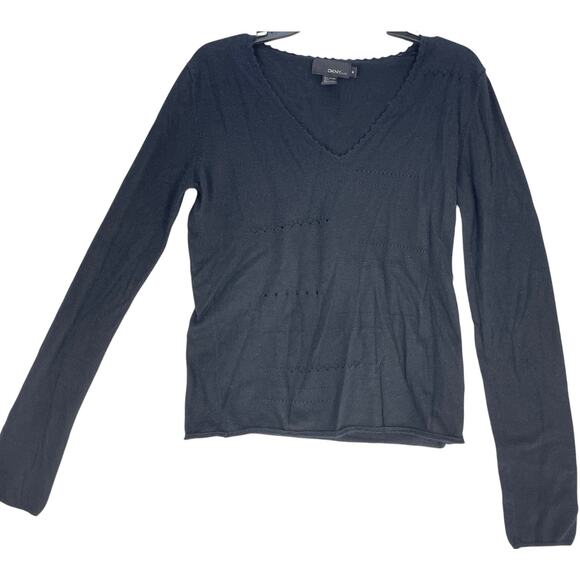 VINTAGE DKNY Sweater M Black Angora Rabbit Cotton V-Neck Long Sleeves Preppy - Picture 1 of 4